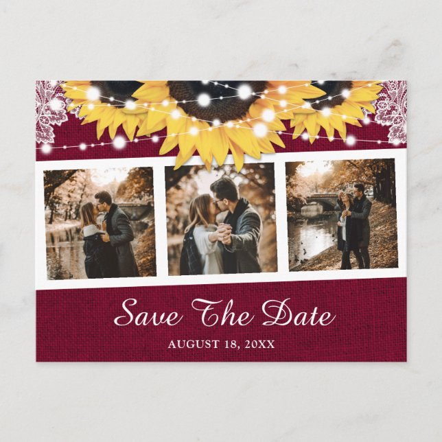 Burgundy Sunflower Wedding Photo Save The Date Announcement Postcard (Front)