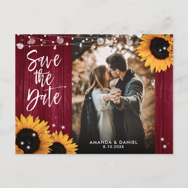 Burgundy Sunflower Wedding Photo Save The Date Announcement Postcard (Front)