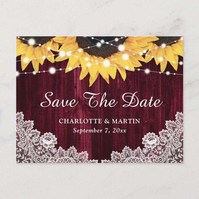 Burgundy Sunflower Wedding Save The Date Postcard (Front)