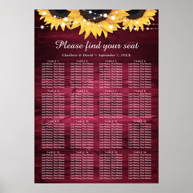 Burgundy Sunflower Wedding Table Plan 16 Poster (Front)