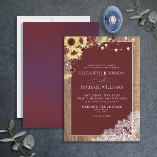 Burgundy Sunflower Wood Lace Script Wedding Invita Invitation