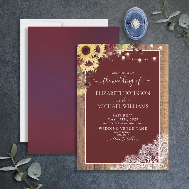 Burgundy Sunflower Wood Lace Script Wedding Invita Invitation (Creator Uploaded)