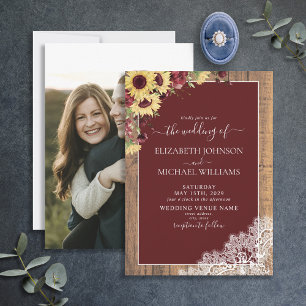 Burgundy Sunflower Wood Script Photo Wedding Invitation