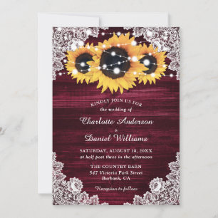 Burgundy Sunflower Wood String Lights Wedding Invitation