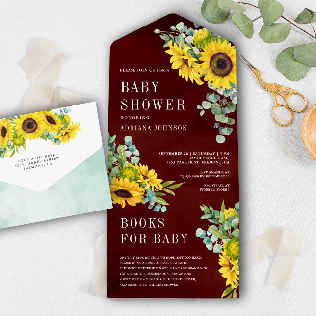 Burgundy Sunflowers Eucalyptus Leaves Baby Shower All In One Invitation (Creator Uploaded)