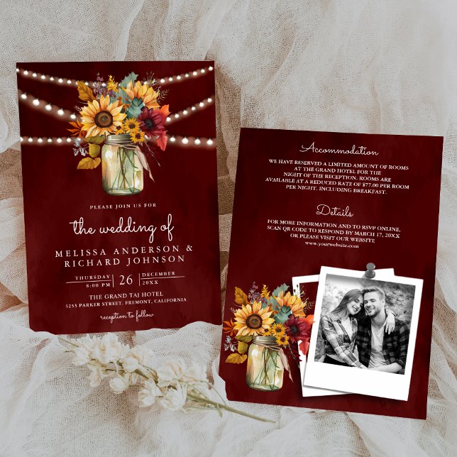 Burgundy Sunflowers Mason Jar All in One Wedding Invitation (Creator Uploaded)