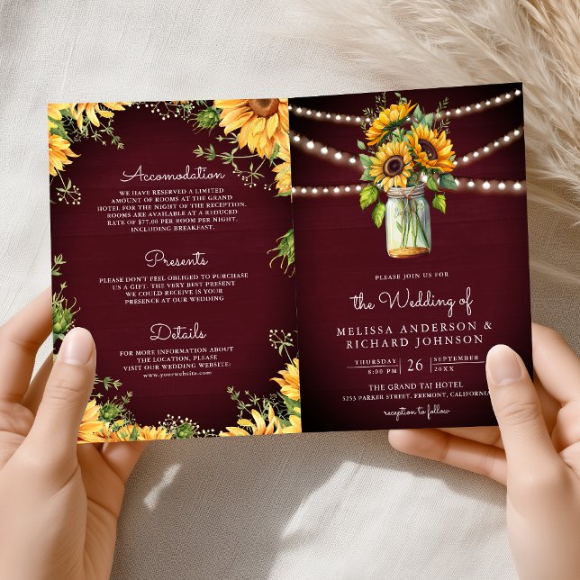 Burgundy Sunflowers Mason Jar QR Code Wedding Invitation (Creator Uploaded)