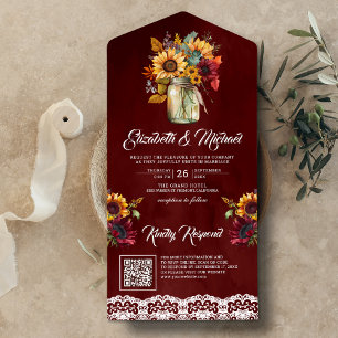 Burgundy Sunflowers Mason Jar Red QR Code Wedding All In One Invitation