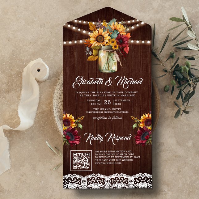 Burgundy Sunflowers Mason Jar Wood QR Code Wedding All In One Invitation (Creator Uploaded)