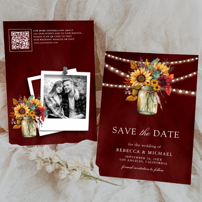 Burgundy Sunflowers QR Code Wedding Photo Save The Date (Creator Uploaded)