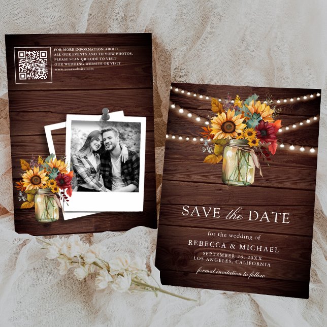 Burgundy Sunflowers Wood QR Code Wedding Photo Save The Date (Creator Uploaded)