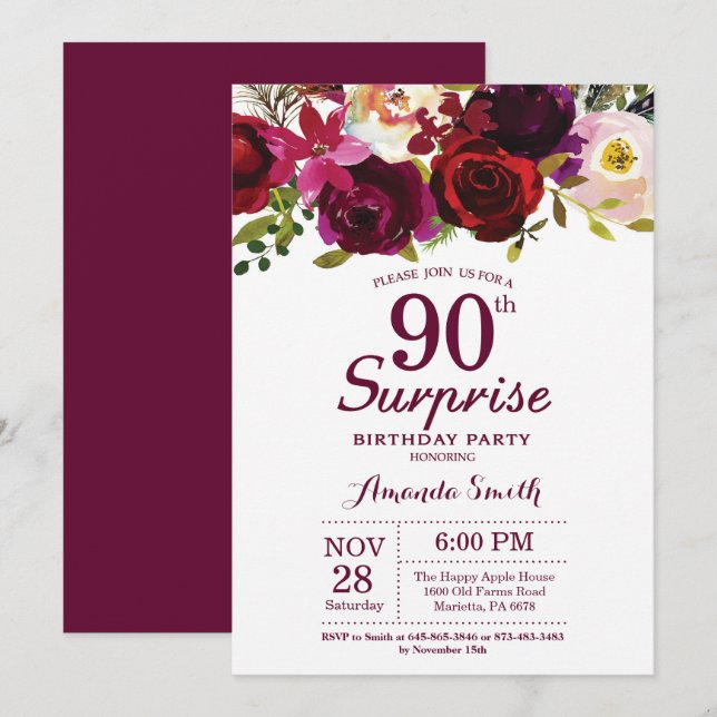 Burgundy Surprise Floral 90th Birthday Party Invitation (Front/Back)