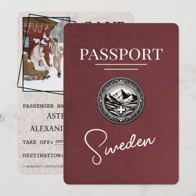 Burgundy Sweden Passport Save The Date (Front/Back)