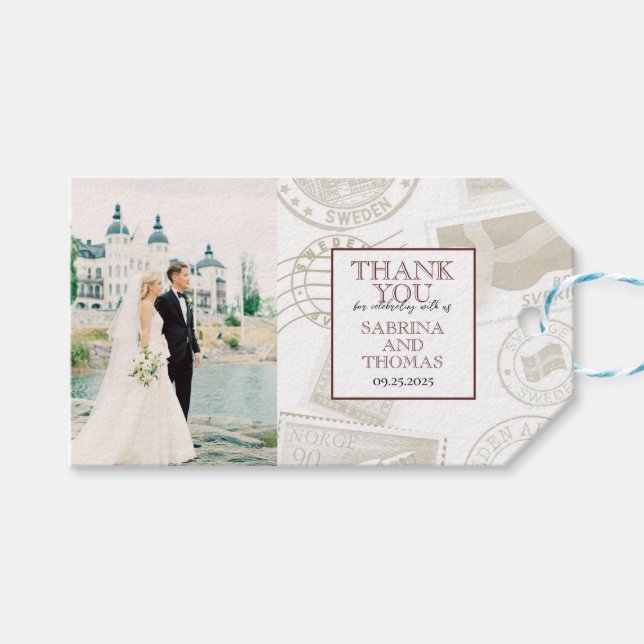 Burgundy Sweden Wedding Photo Gift Tags (Front (Horizontal))