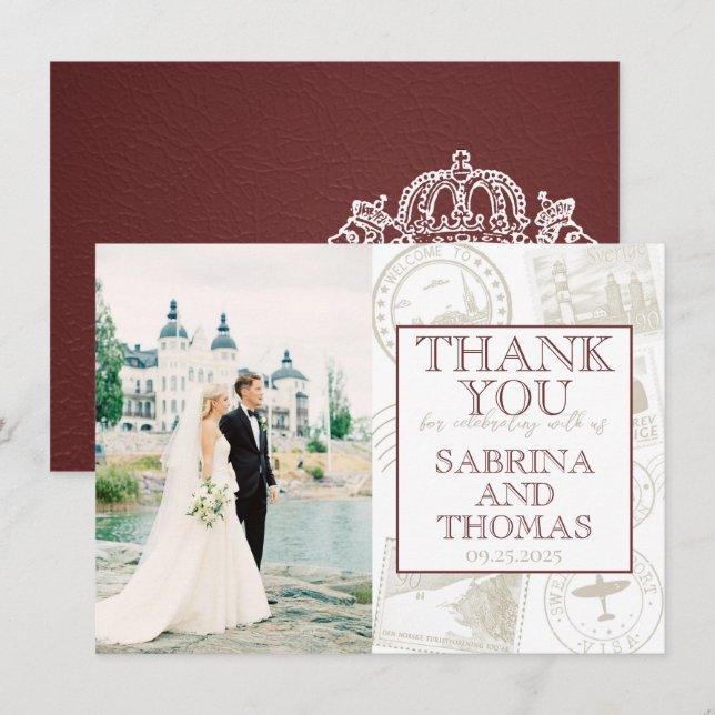 Burgundy Sweden Wedding Photo Thank You Card (Front/Back)