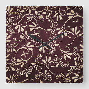 Burgundy swirls square wall clock