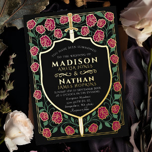 Burgundy Sword Shield Monogram Fantasy Wedding