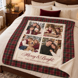 Burgundy Tartan Christmas Four Photo Family Sherpa Blanket