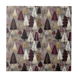 Burgundy Taupe Folk Art Winter Forest Ceramic Tile