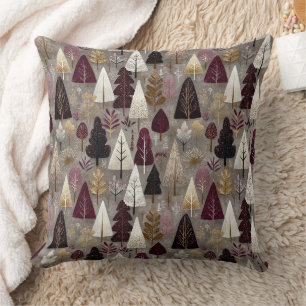 Burgundy Taupe Folk Art Winter Forest Cushion