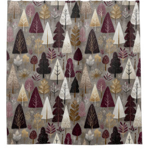 Burgundy Taupe Folk Art Winter Forest Shower Curtain