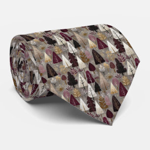 Burgundy Taupe Folk Art Winter Forest Tie