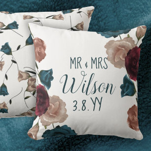 Burgundy, Teal, Beige Wedding Roses Newlywed Cushion