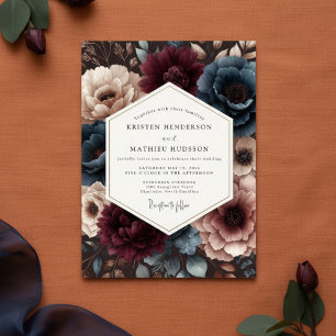 Burgundy Teal Bloom Romance Wedding Invitation
