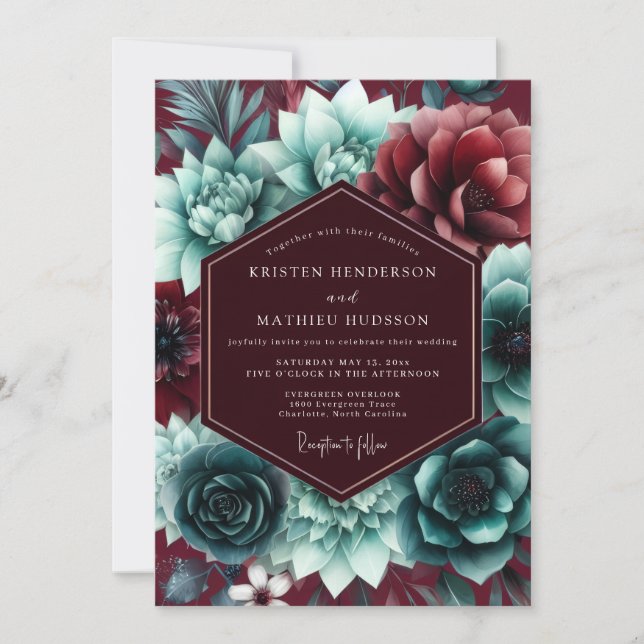 Burgundy Teal Floral Romance Wedding Invitation (Front)