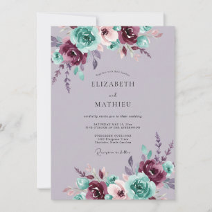 Burgundy Teal Floral Romance Wedding Invitation