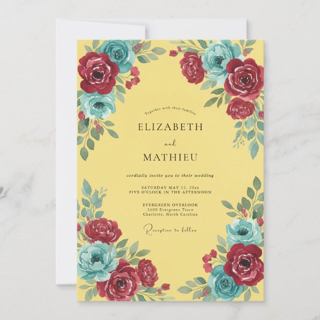 Burgundy Teal Painted Wedding Invitation (Front)