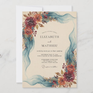 Burgundy Teal Ribbon Eucalyptus Wedding Invitation
