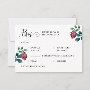 Burgundy Teal Watercolor Black Calligraphy Wedding RSVP Card