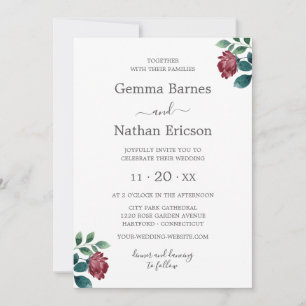 Burgundy Teal Watercolor Roses Calligraphy Wedding Invitation