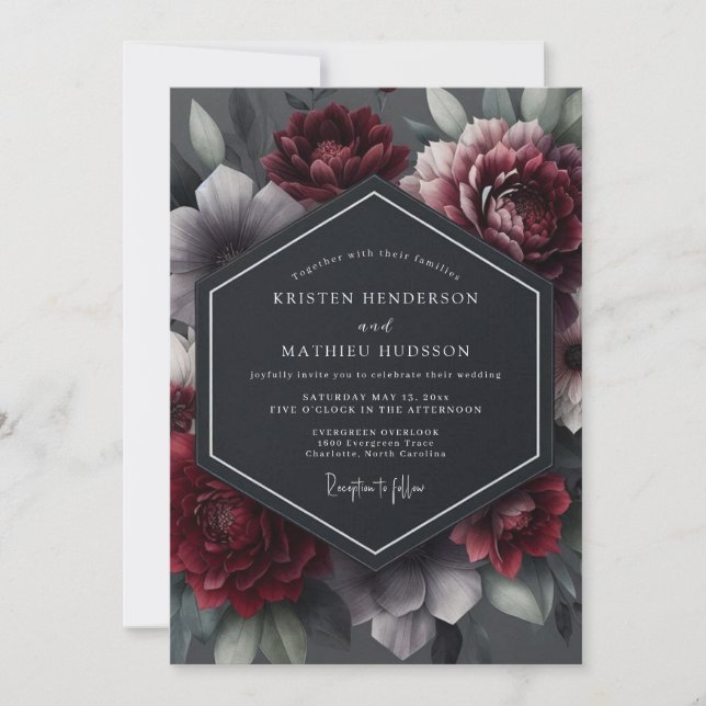 Burgundy Tenebrous Bloom Wedding Invitation (Front)