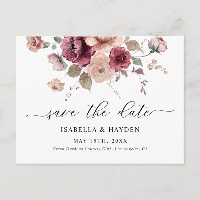 Burgundy Terracotta Fall Floral Save The Date Announcement Postcard (Front)