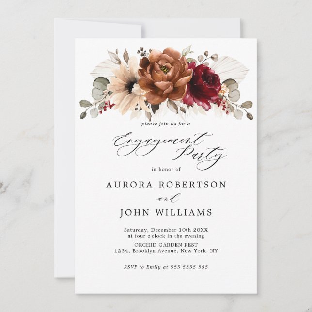 Burgundy Terracotta Floral Engagement Party Invitation (Front)