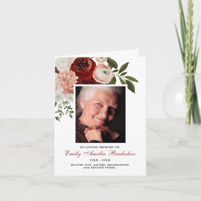 Burgundy Terracotta Floral Funeral Sympathy Folded Thank You Card (Front)