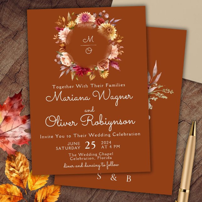 Burgundy Terracotta Floral Wedding Invitation (Creator Uploaded)