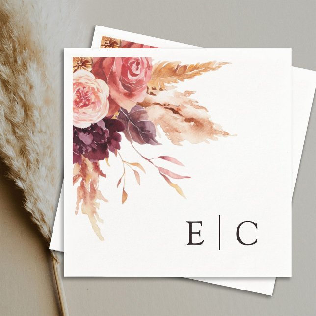 Burgundy Terracotta Floral Wedding Monogram  Napkin (Creator Uploaded)