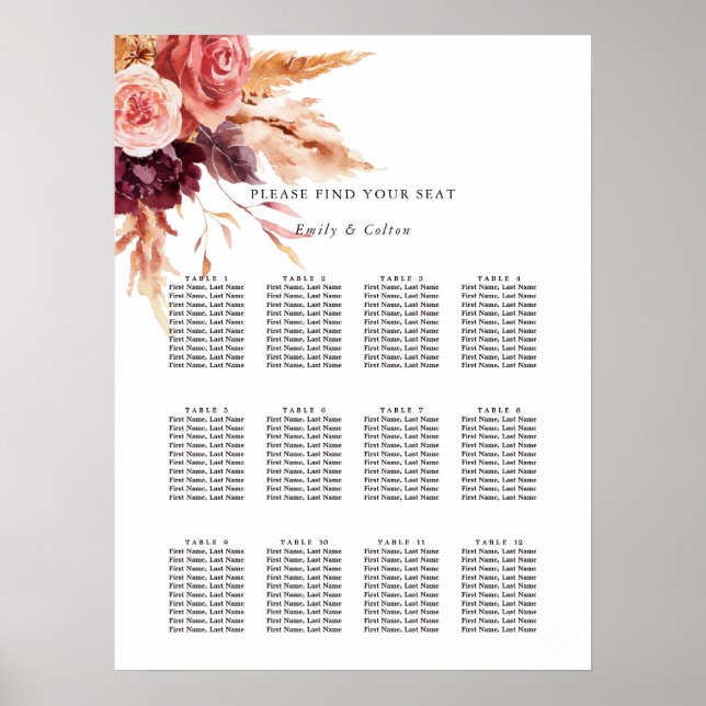 Burgundy Terracotta Floral Wedding Seating Chart (Front)