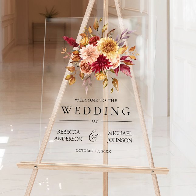 Burgundy Terracotta Floral Wedding Welcome Acrylic Sign (Creator Uploaded)