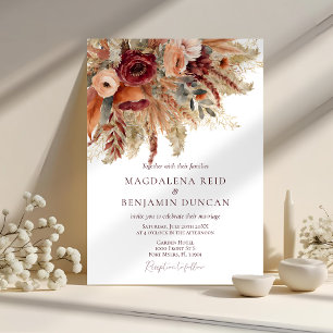 Burgundy Terracotta Florals Pampas Fall Wedding Invitation