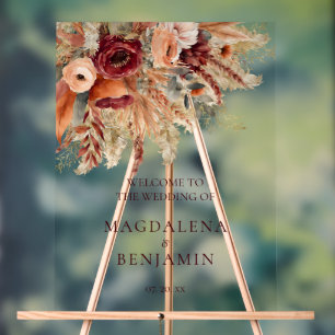Burgundy Terracotta Florals Pampas Grass Wedding Acrylic Sign