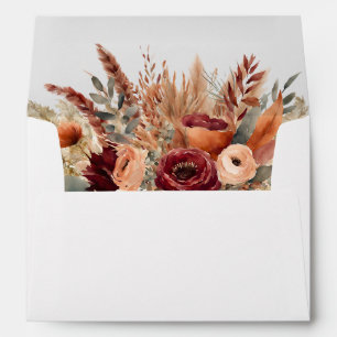 Burgundy Terracotta Florals Pampas Grass Wedding Envelope