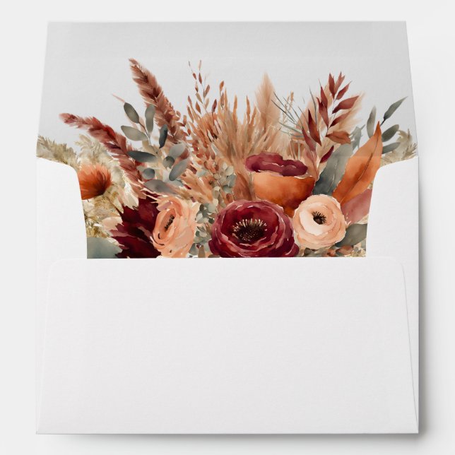 Burgundy Terracotta Florals Pampas Grass Wedding Envelope (Back (Bottom))