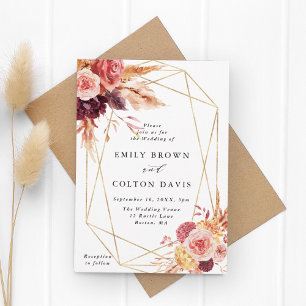 Burgundy Terracotta Flowers Gold Geometric Wedding Invitation