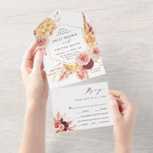 Burgundy Terracotta Gold Floral Wedding All In One Invitation