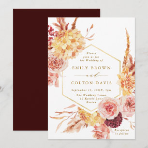 Burgundy Terracotta Gold Script Floral Wedding Invitation