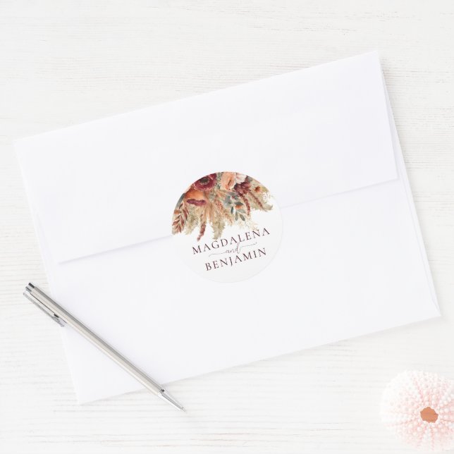 Burgundy Terracotta Rust Fall Florals Pampas Grass Classic Round Sticker (Envelope)